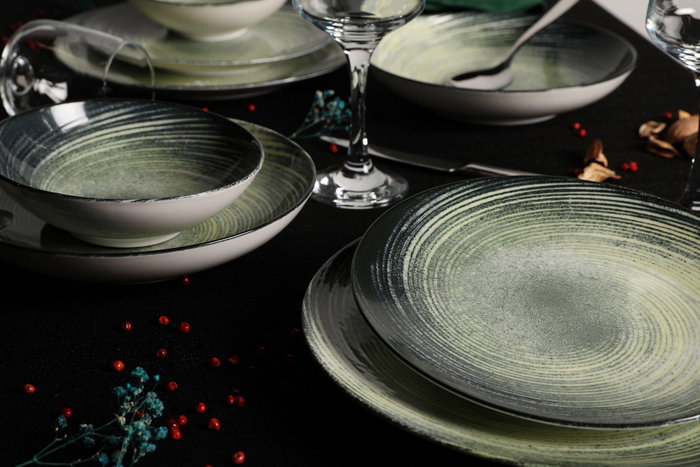 Hermia GBSATN24Y4101630 Vajilla de 24 Piezas de Porcelana en Crema, Verde y Negro